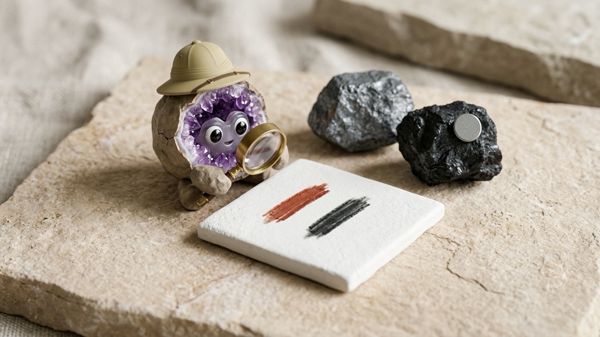 A white unglazed tile with a red-brown streak and a black streak, a steel-gray hematite lump and a black magnetite lump above them, and a small round magnet stuck to the magnetite, with Geo peering at the streaks through its hand lens