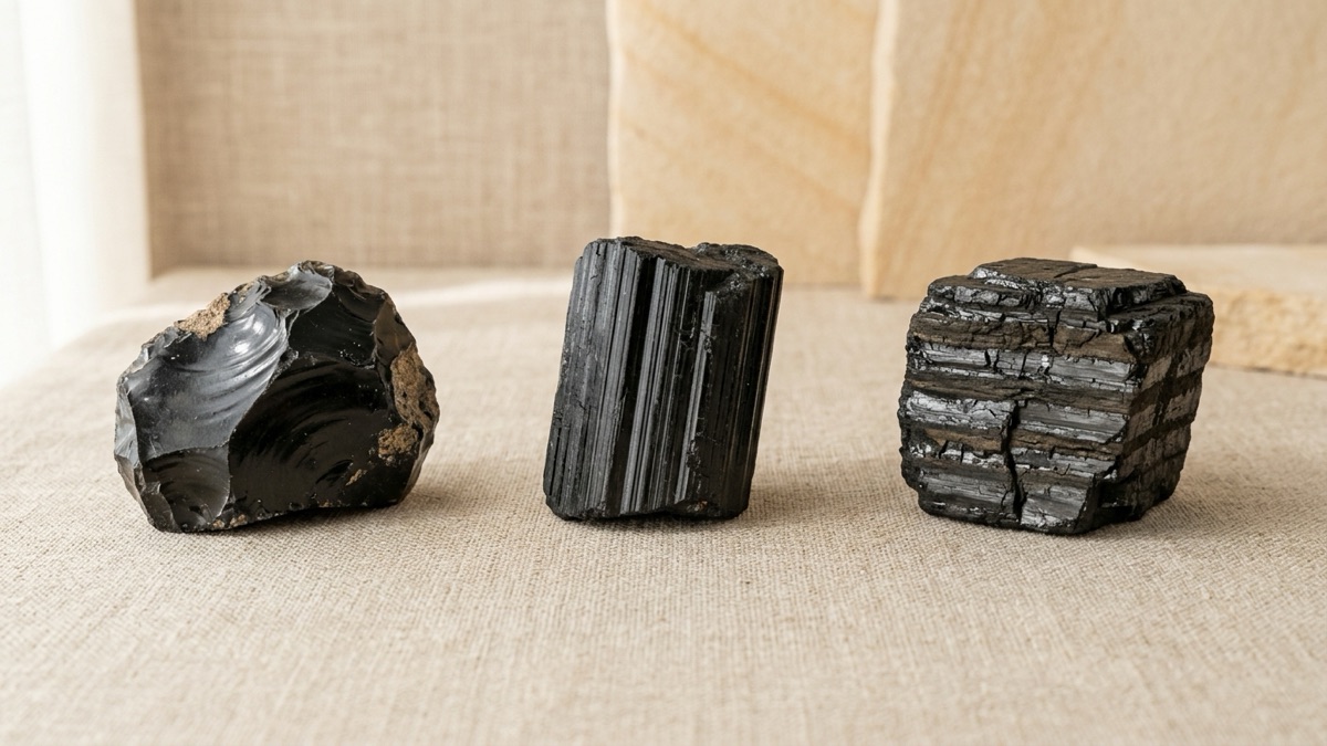 Three black look-alikes side by side on natural linen: a chunk of obsidian with a smooth curved glassy break, a black tourmaline crystal with fine lengthwise grooves, and a piece of bituminous coal with thin shiny and dull layers