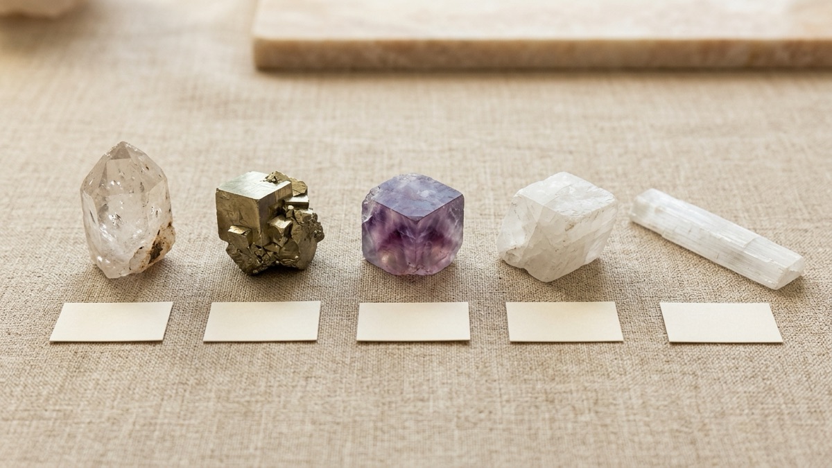 Five natural crystals lined up on warm linen for comparison: a clear six-sided quartz point, a brassy pyrite cube, a purple fluorite cube, a white calcite rhomb and a clear selenite blade