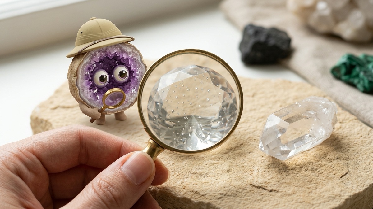 Close-up through a hand lens of a clear faceted glass imitation showing tiny round bubbles and wavy flow lines, next to a natural quartz crystal with sharp faces on warm stone