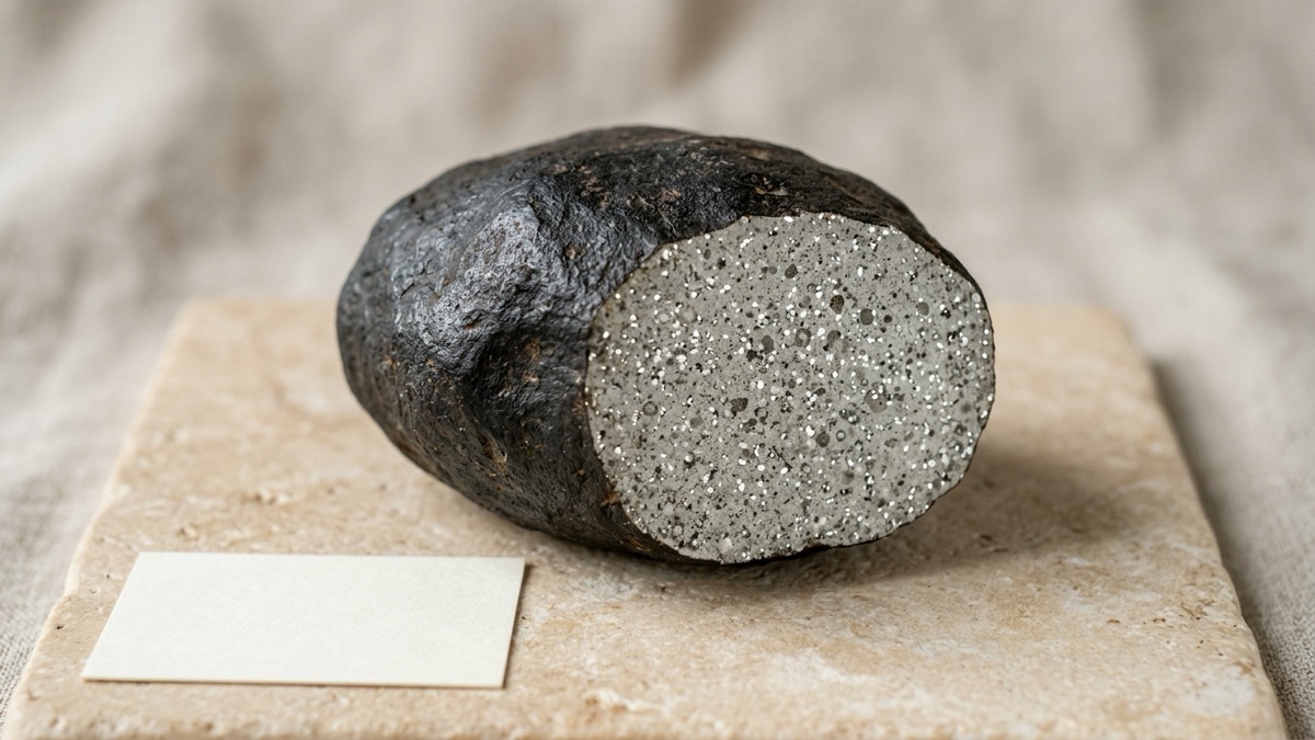 A dark stony meteorite with a thin black fusion crust, one end sawn off to show a light gray interior speckled with shiny metal flecks