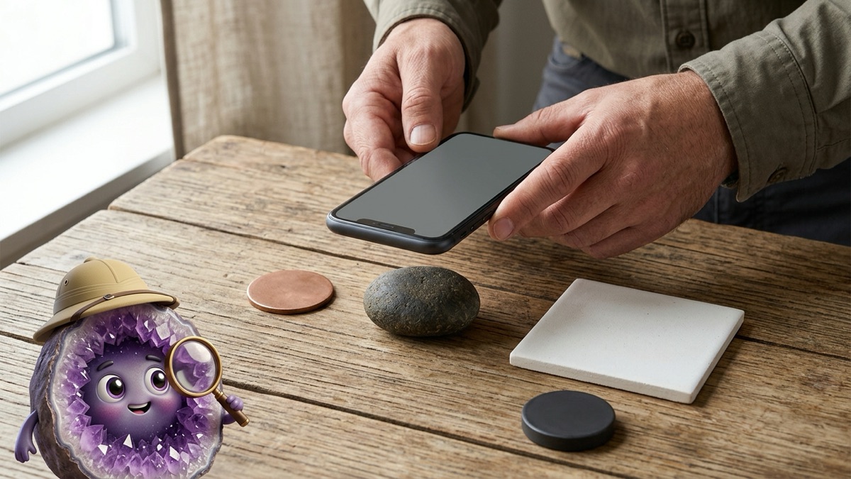 Hands photographing a dark rounded rock on a wooden table beside a plain copper disc for scale, a white tile and a round fridge magnet