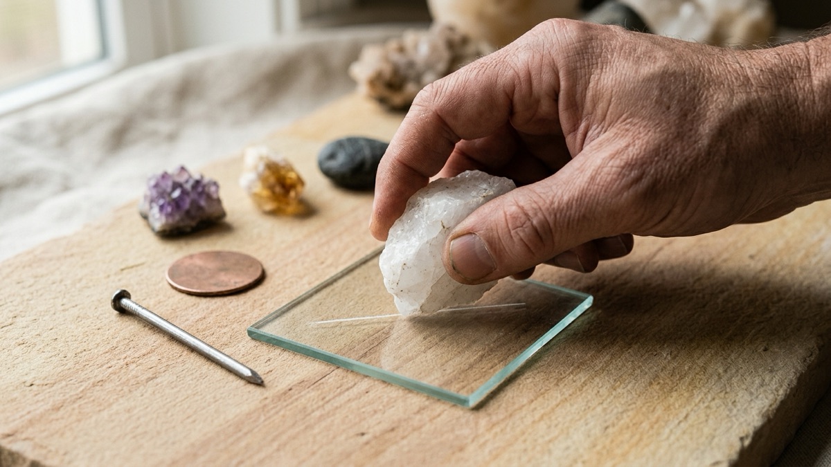 A hand pressing a milky white quartz chunk against a small glass square on a wooden table, leaving a fine scratch, with a steel nail and a plain copper disc beside it