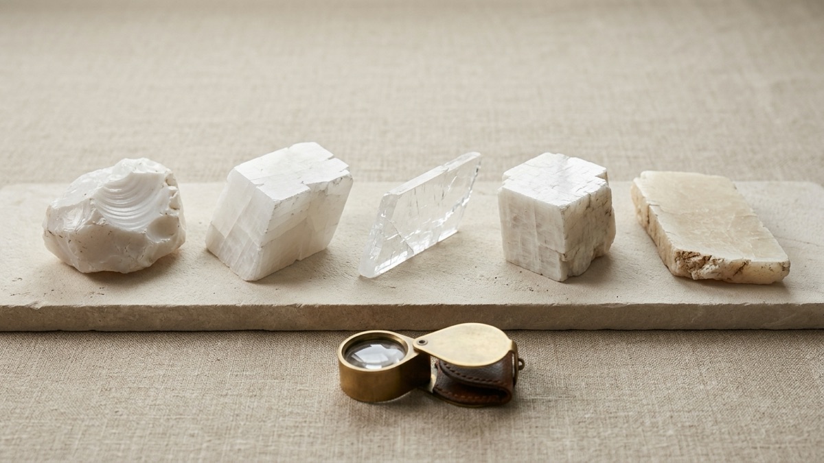 Five white specimens in a row on natural linen: a milky quartz chunk, a calcite rhomb, a clear gypsum blade, a blocky white feldspar crystal and a pale barite tablet, with a brass hand lens in front