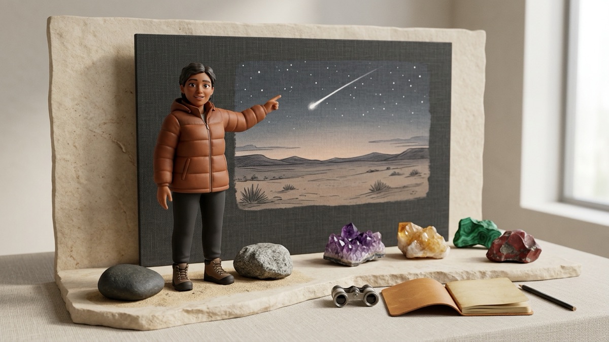 A friendly stylized 3D stargazer on a desert ridge at dusk pointing at a bright streak of light crossing the sky, with a small dark stone resting on the sand in the foreground
