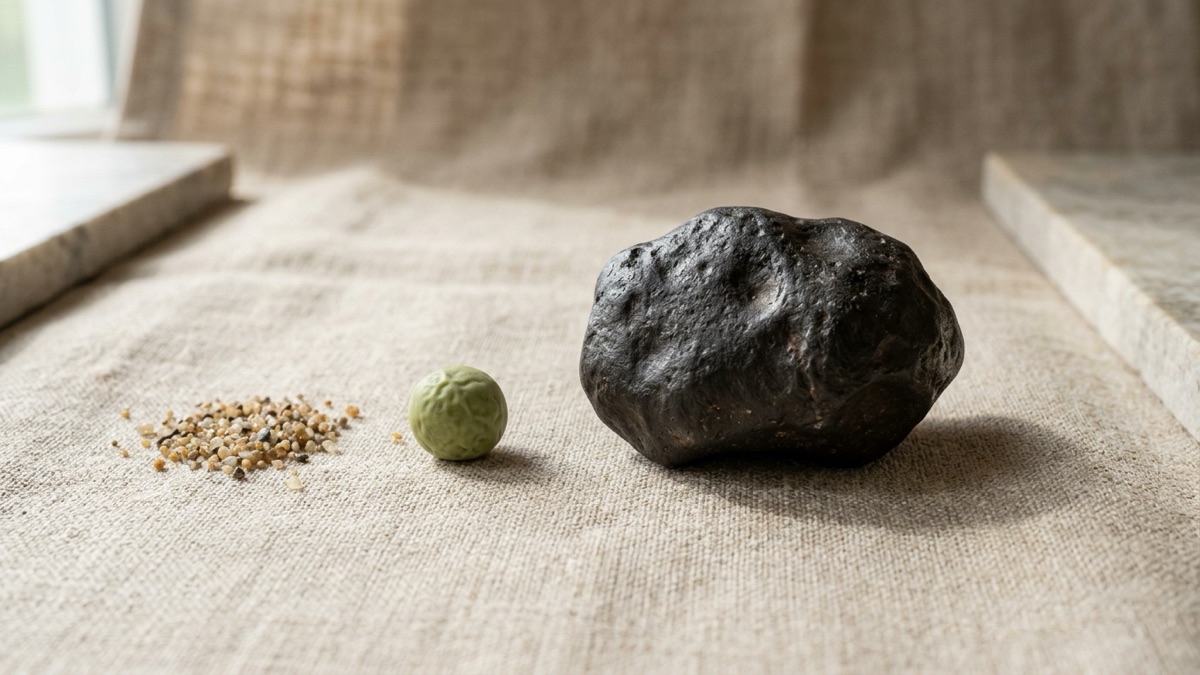 A fist-sized dark meteorite with a smooth black crust on warm linen, beside a single pea and a pinch of sand grains for scale