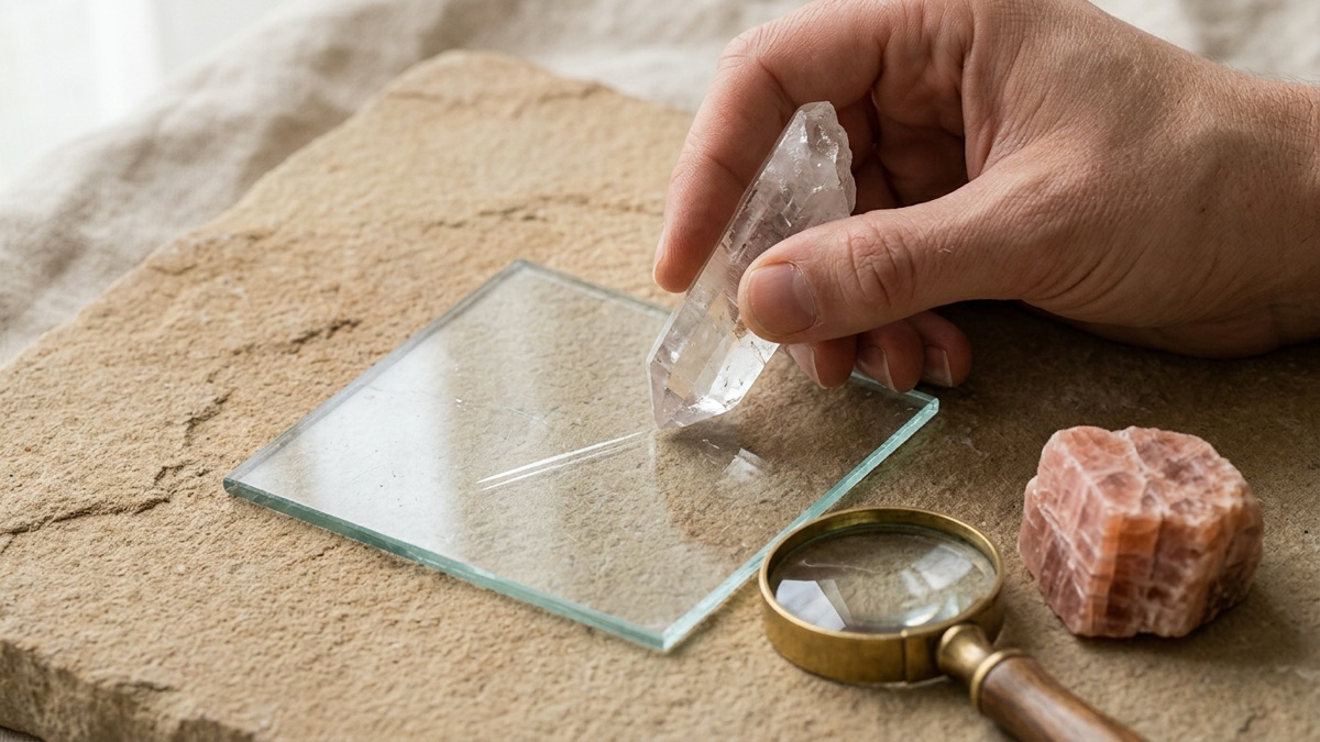 A clear quartz point scratching a small square of glass on a stone table, with a brass hand lens and a piece of pink feldspar beside it