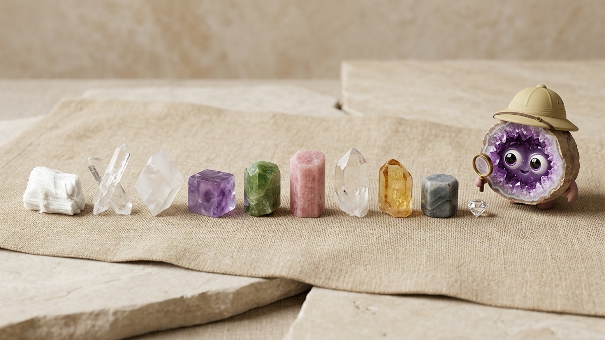 Ten natural reference minerals lined up in a row on linen, from soft white talc to a small clear diamond, with a small geode character studying them through a hand lens