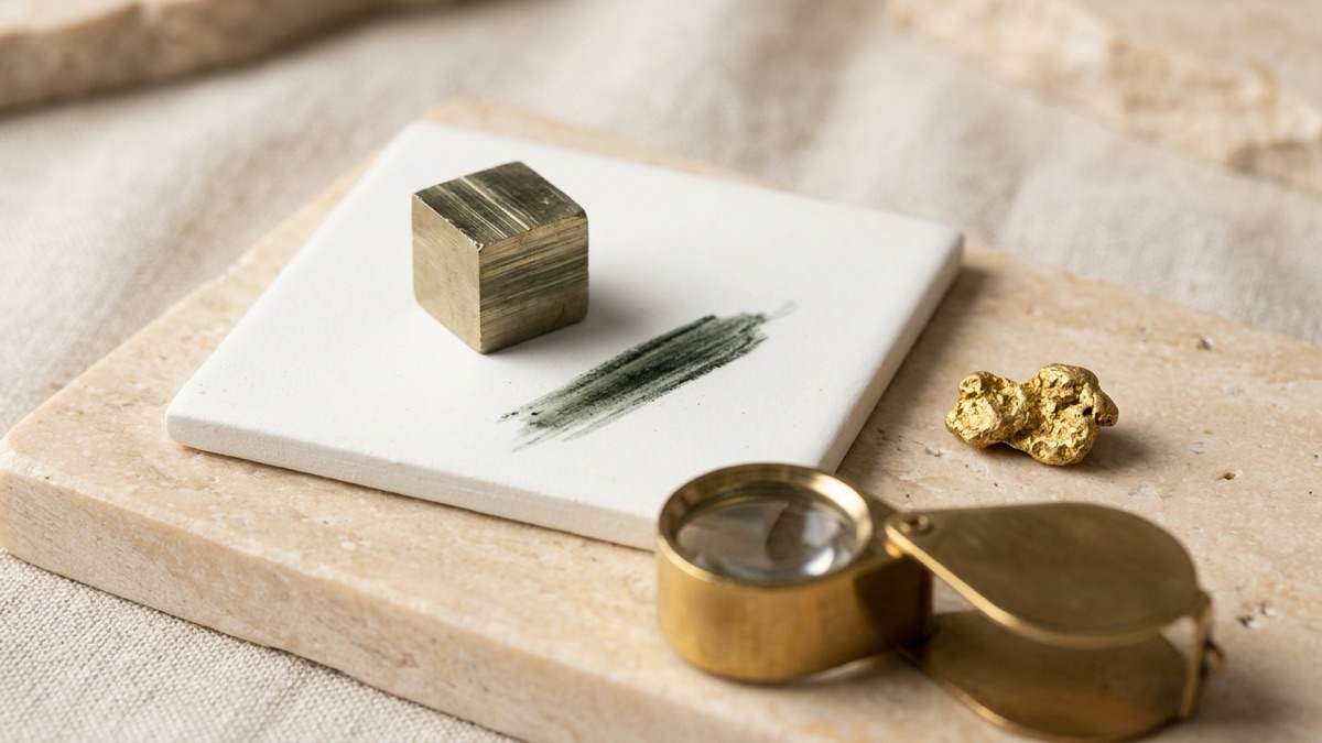 A brassy pyrite cube beside its dark greenish black streak on a white unglazed tile, next to a small gold nugget of a similar color