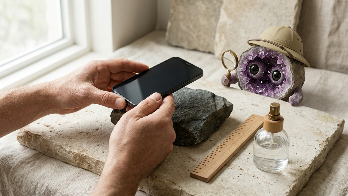 Realistic hands holding a phone above a rough gray rock on a pale stone slab in soft window light, a small ruler and a spray bottle beside it, Geo peeking over the edge of the slab with its hand lens