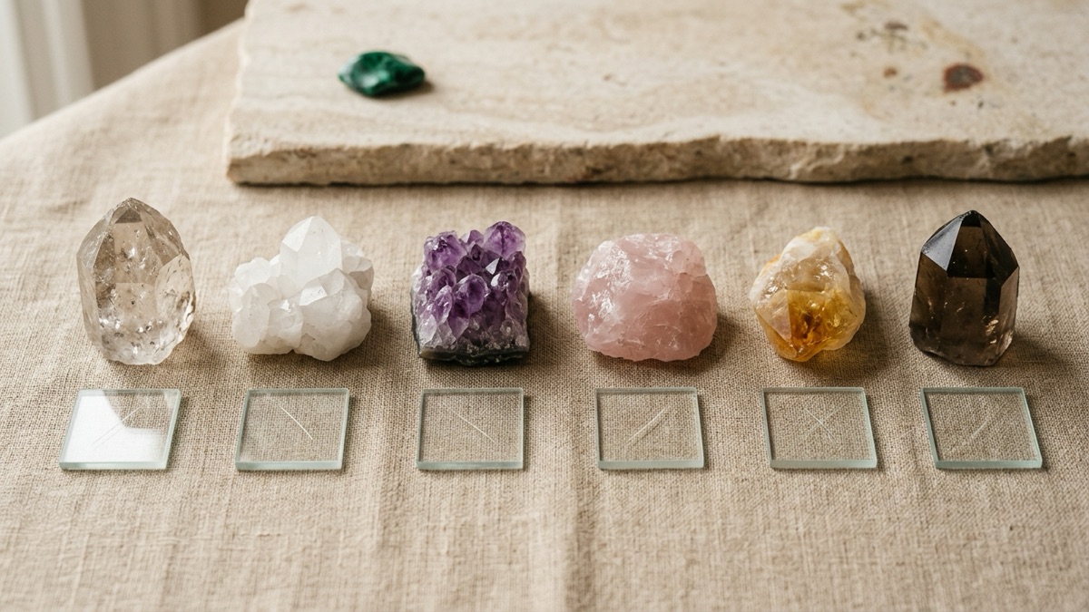 A row of six quartz specimens on natural linen in clear, milky white, purple, pink, golden yellow and smoky brown, each resting beside a small square of window glass with a fine scratch in it