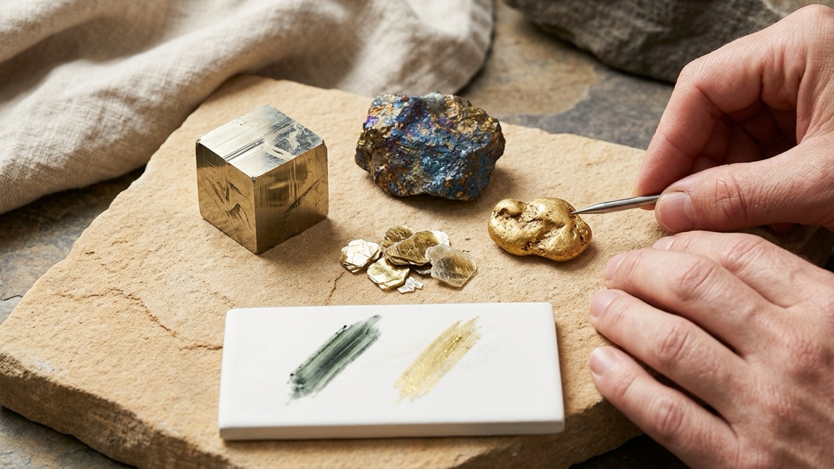Four brassy specimens on warm stone: a striated pyrite cube, a chalcopyrite chunk with a blue and purple tarnish, a few golden mica flakes and a small gold nugget, with a white tile showing a greenish-black streak and a golden yellow streak