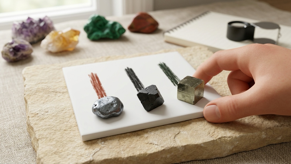 A white unglazed tile with three short streaks, red-brown, black and greenish black, lined up above a lump of hematite, a black magnetite crystal and a brassy pyrite cube on warm stone
