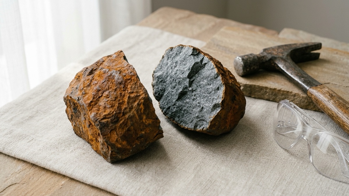 A rusty brown rock split in half on natural linen, the weathered orange outer rind beside the clean gray crystalline inside, with a small hammer and safety glasses nearby