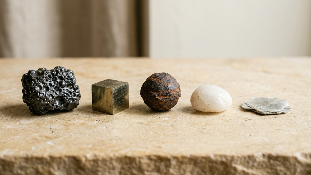 A row of common look-alike finds on a warm stone table: a lump of glassy bubbly slag, a brassy pyrite cube, a rusty dark iron-oxide concretion, a milky quartz pebble and a flake of silvery mica