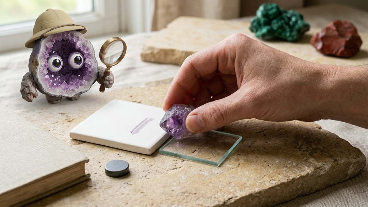 Realistic hands scratching a small rough crystal against a square of glass on a warm stone table, with a white unglazed tile showing a short streak, a small round magnet and a notebook nearby