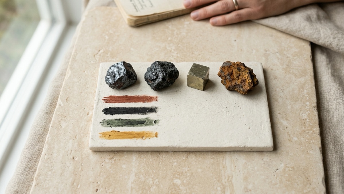 The unglazed back of a white tile with four short streaks in red-brown, black, greenish black and yellow-brown, each with its rough mineral specimen resting just above it