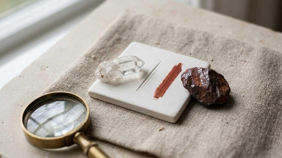 A clear quartz point beside a white streak plate showing a thin scratched groove with no colored powder, next to a red-brown hematite streak for comparison