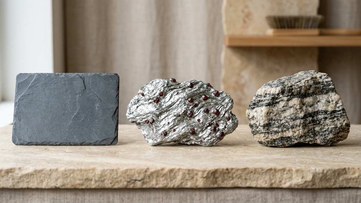 Three metamorphic rocks side by side on warm stone: a flat dark gray slate, a sparkly silver schist dotted with small red garnets, and a coarse gneiss with light and dark bands
