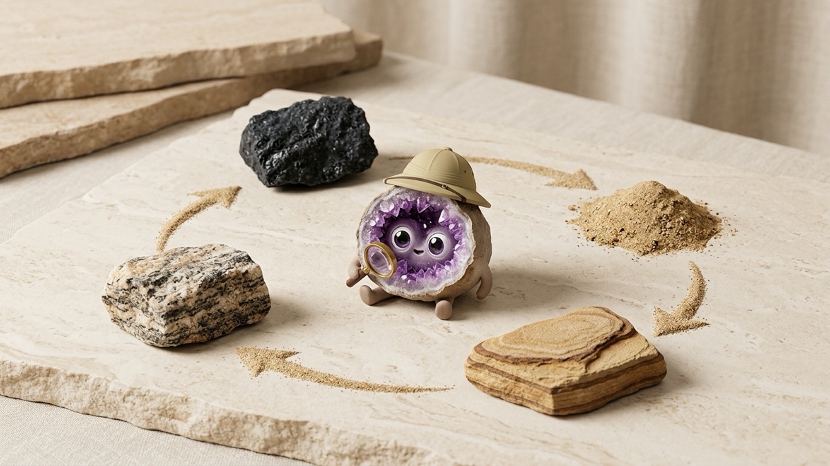 Four rocks arranged in a loop on a stone table, dark basalt, a small pile of loose sand, layered tan sandstone and banded gneiss, joined by curved arrows traced in sand, with a small geode mascot holding a hand lens in the middle