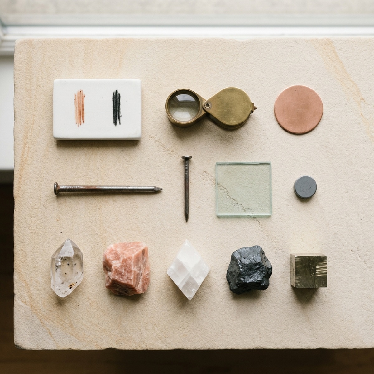 A field kit on a stone table: a streak tile with red and black streaks, a hand lens, a copper coin, a steel nail, a small magnet, a dropper bottle and a few mineral specimens