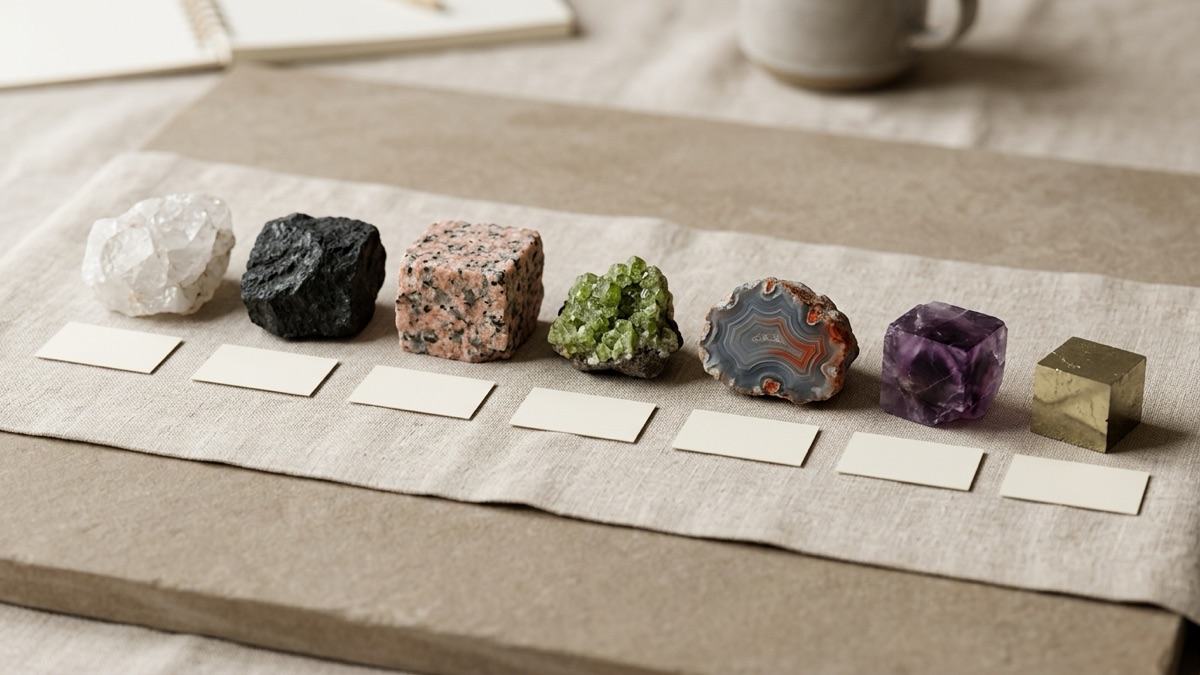 A tidy row of rough rock and mineral specimens on linen, each with a small blank museum label card in front of it