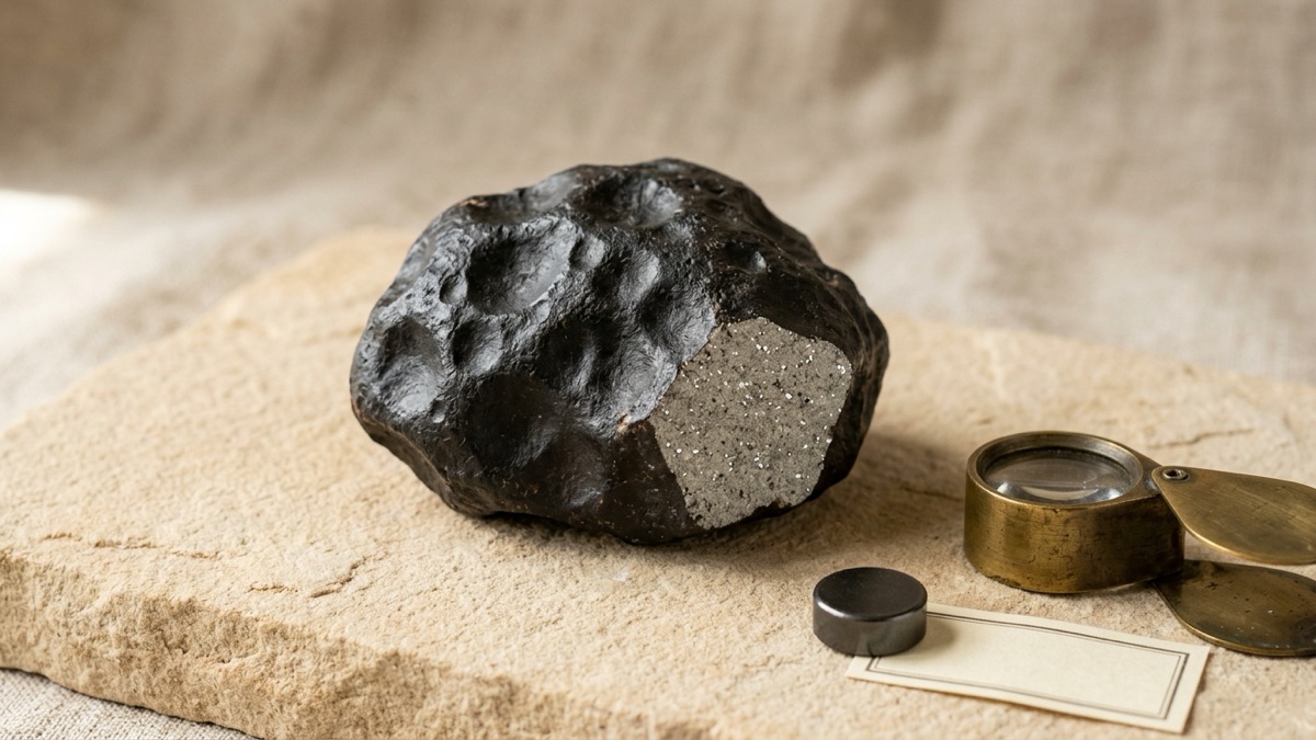 A dark stony meteorite with a thin black fusion crust beside a small magnet and a hand lens on a stone table