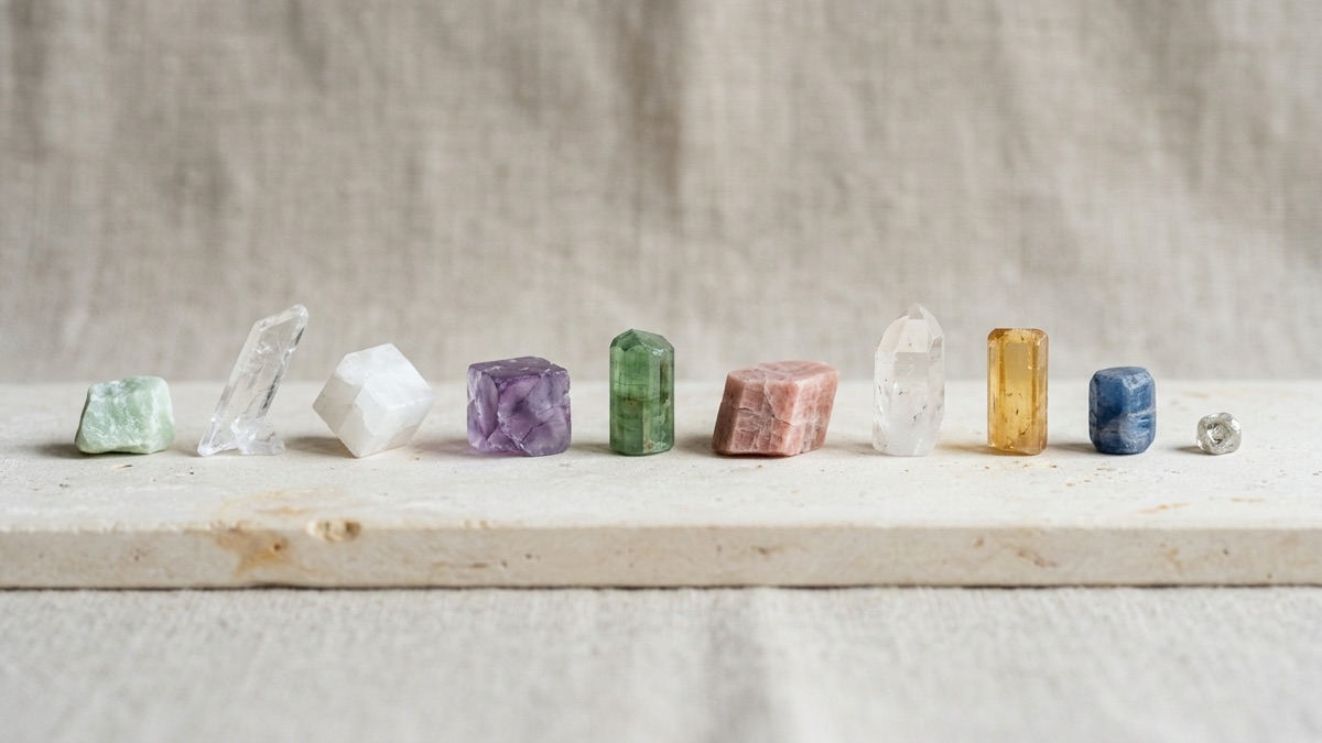 Ten mineral specimens lined up from soft talc to a small diamond, arranged in order along a wooden rule on a stone table